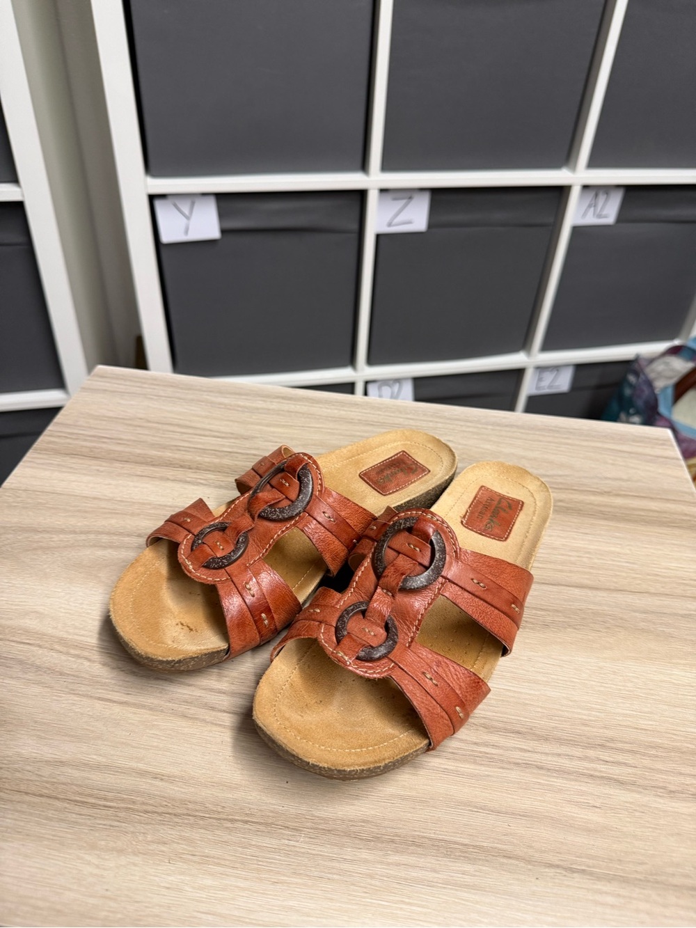 Clarks Artisan Leather Slide Sandals in Cognac Brown